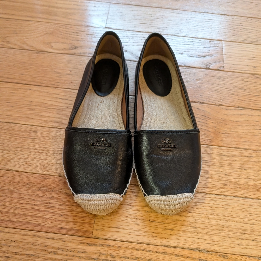 Coach Rhodelle Black Leather Lambskin Espadrilles Woven Flats Silver Accents